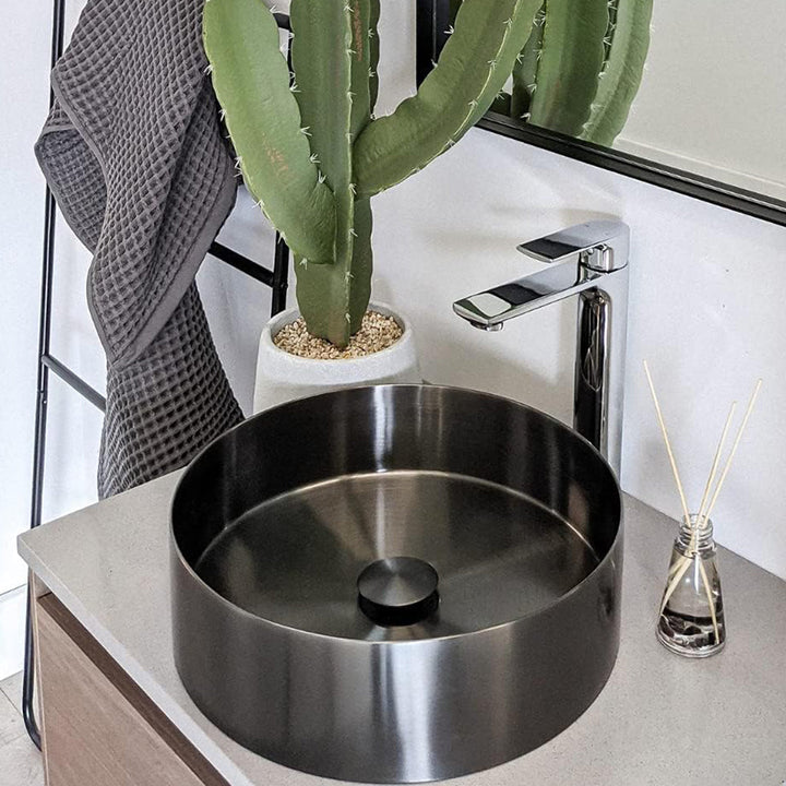 Fancy Vessel Bathroom Sink - Over Mount - 15" Stainless Steel/Gun Black