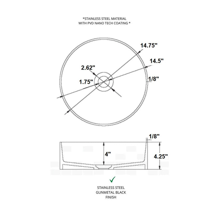 Fancy Vessel Bathroom Sink - Over Mount - 15" Stainless Steel/Gun Black
