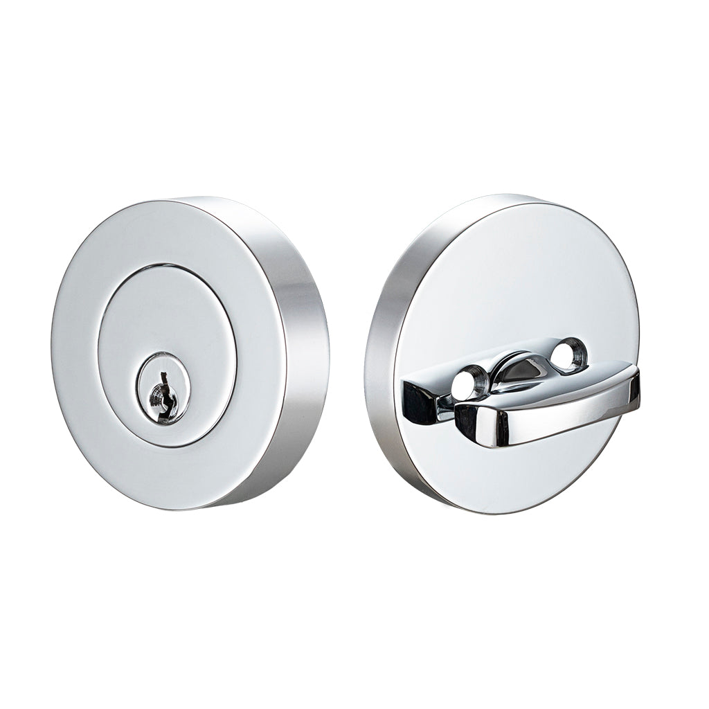 Round Key Function Single Cylinder Deadbolt - Door Mount - 0" Brass/Polished Chrome