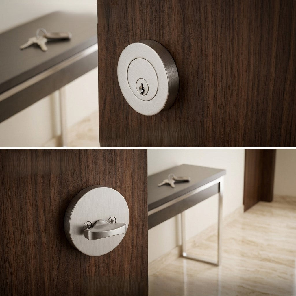 Round Modern Key Function Single Cylinder Deadbolt - Door Mount - 2" Brass/Brushed Nickel