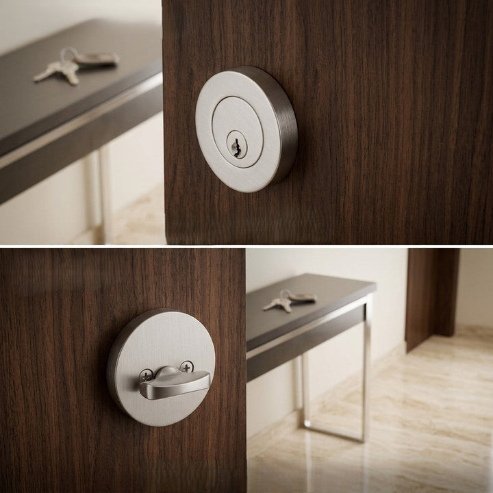 Round Modern Key Function Single Cylinder Deadbolt - Door Mount - 2" Brass/Brushed Nickel