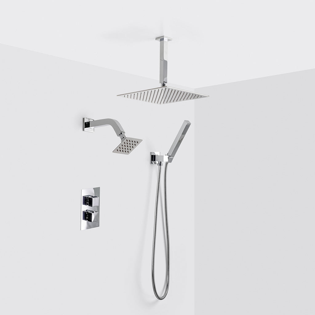Devon 3 Way Thermostatic Complete Shower Set: 12" Ceiling &amp; 4" Wall Mount Shower Heads with Handheld - Brass/Polished Chrome