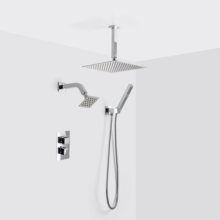 Devon 3 Way Thermostatic Complete Shower Set: 12" Ceiling &amp; 4" Wall Mount Shower Heads with Handheld - Brass/Polished Chrome