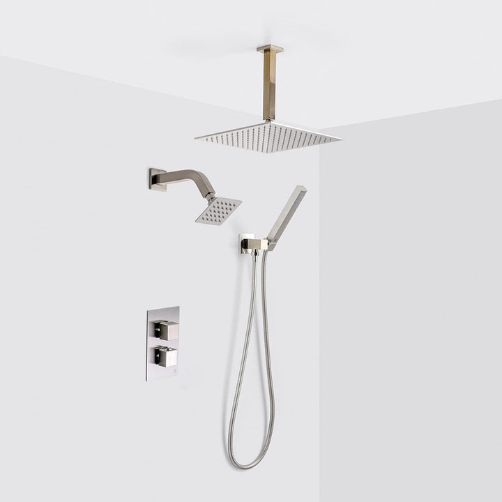 Devon 3 Way Thermostatic Complete Shower Set: 12" Ceiling &amp; 4" Wall Mount Shower Heads with Handheld - Brass/Brushed Nickel