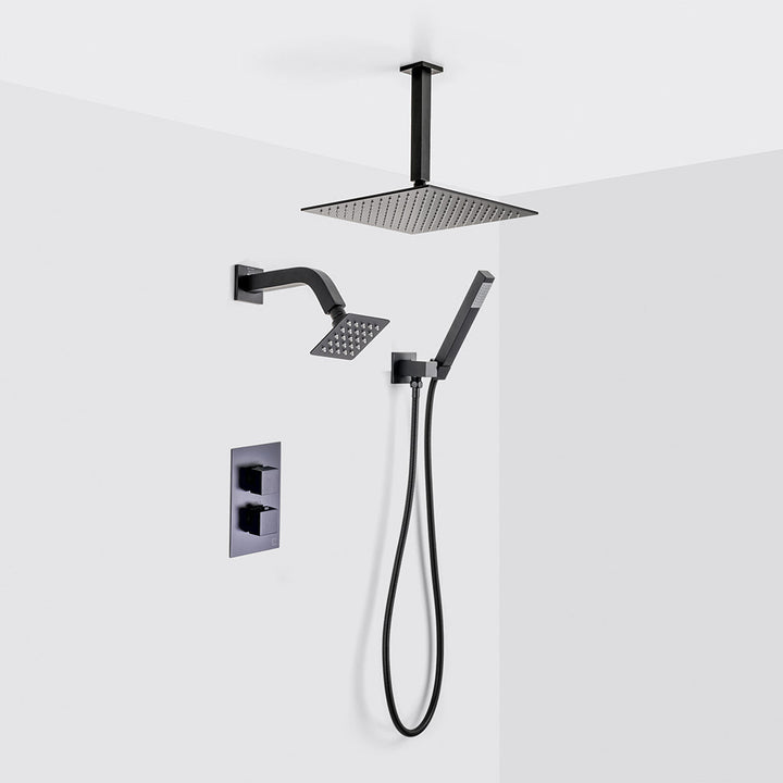 Devon 3 Way Thermostatic Complete Shower Set: 12" Ceiling &amp; 4" Wall Mount Shower Heads with Handheld - Brass/Matt Black