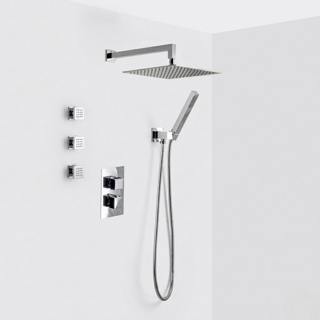 Devon 3 Way Thermostatic Complete Shower Set - Wall Mount - 12" Brass/Polished Chrome
