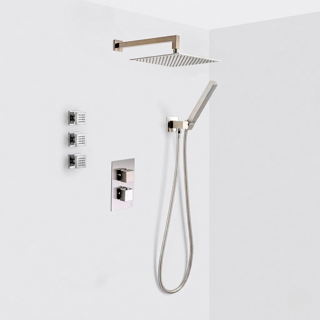 Devon 3 Way Thermostatic Complete Shower Set - Wall Mount - 12" Brass/Brushed Nickel