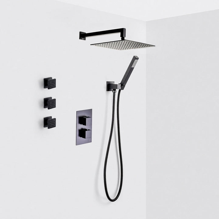 Devon 3 Way Thermostatic Complete Shower Set - Wall Mount - 12" Brass/Matt Black