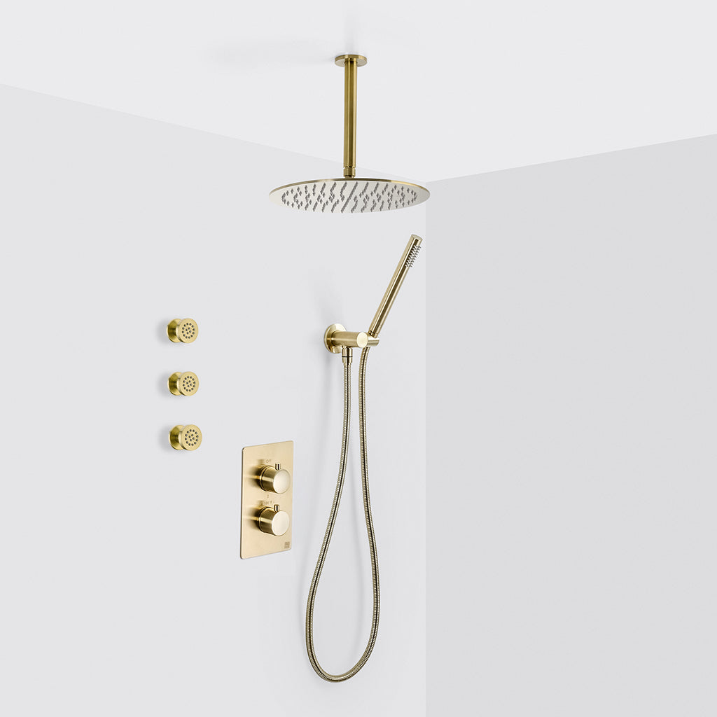 Metro 3-Way Thermostatic Trim Complete Shower Set - Ceiling Mount - 12" Brass/Satin Brass