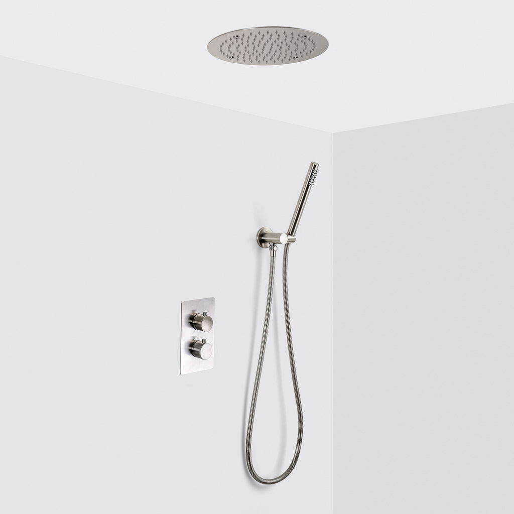 Metro 2 Way Thermostatic Complete Shower Set - Ceiling Mount - 16" Brass/Brushed Nickel
