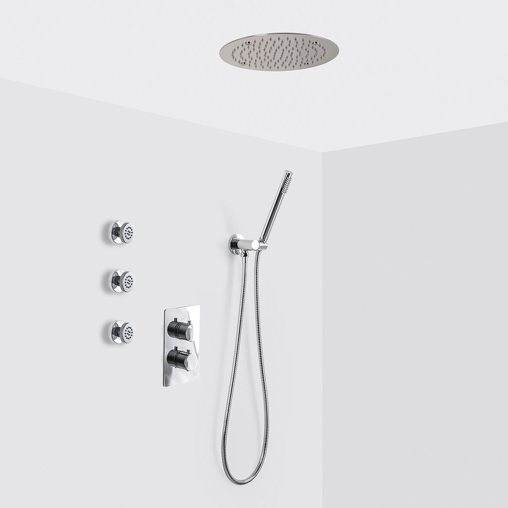 Metro 3 Way Thermostatic Complete Shower Set - Ceiling Mount - 12" Brass/Polished Chrome