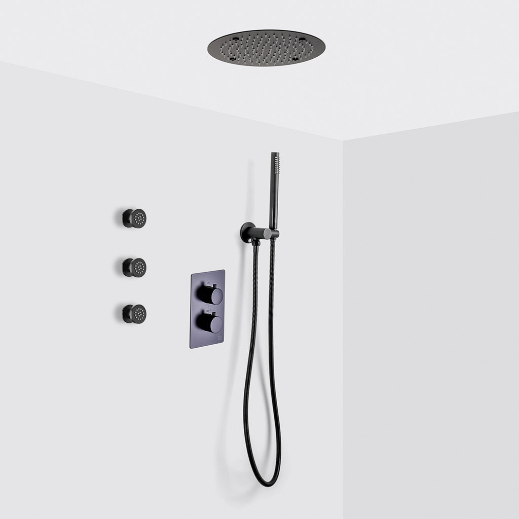 Metro 3 Way Thermostatic Complete Shower Set - Ceiling Mount - 12" Brass/Matt Black