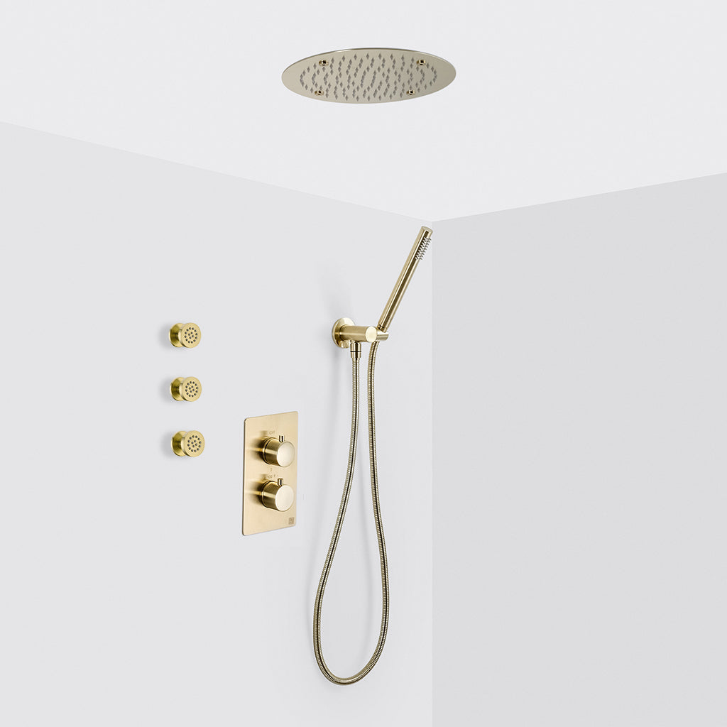 Metro 3 Way Thermostatic Complete Shower Set - Ceiling Mount - 16" Brass/Satin Brass