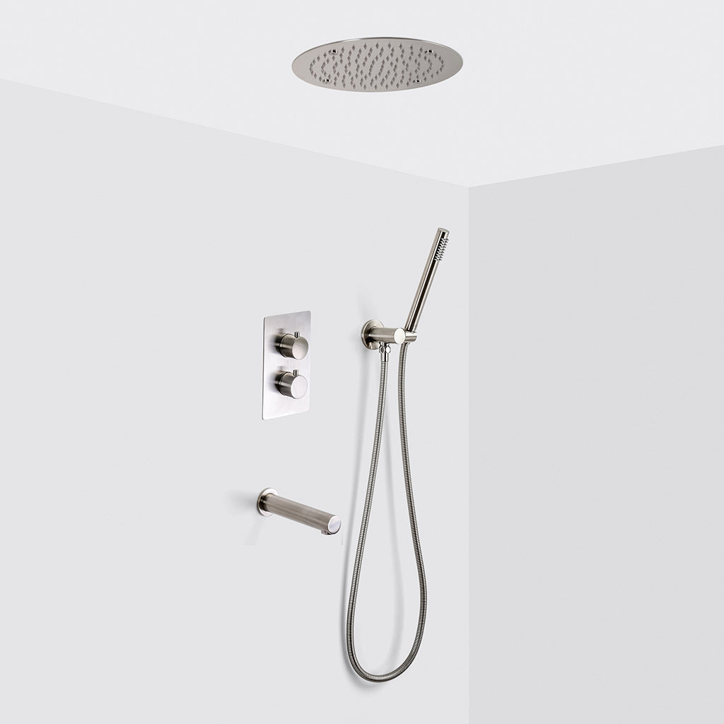 Metro 3 Way Thermostatic Complete Shower Set - Ceiling Mount - 16" Brass/Brushed Nickel