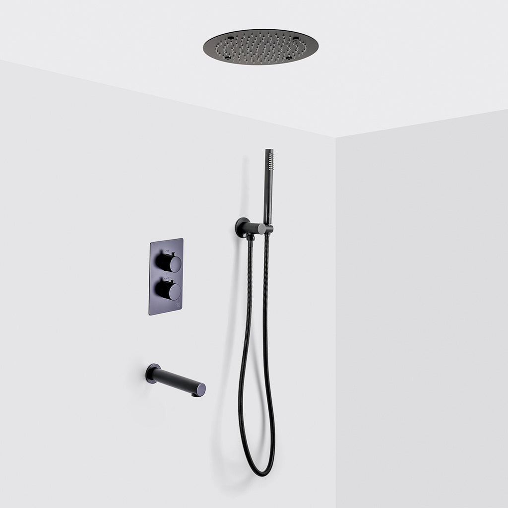 Metro 3 Way Thermostatic Complete Shower Set - Ceiling Mount - 12" Brass/Matt Black