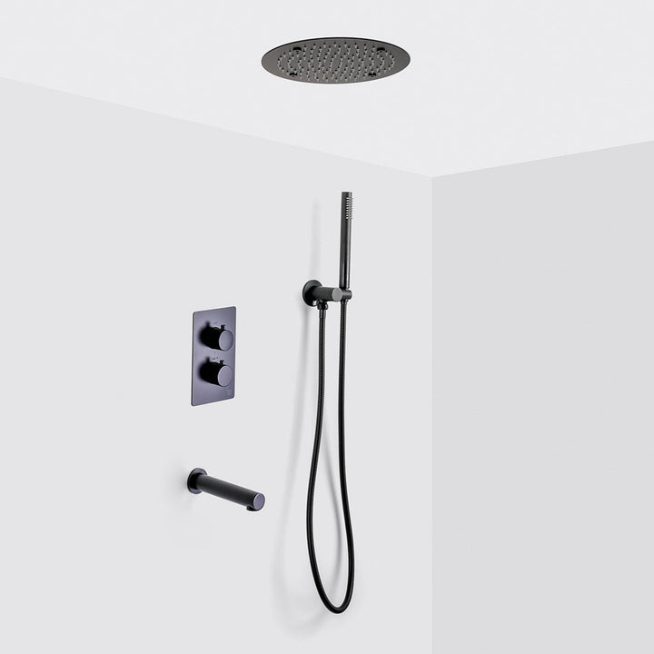 Metro 3 Way Thermostatic Complete Shower Set - Ceiling Mount - 12" Brass/Matt Black