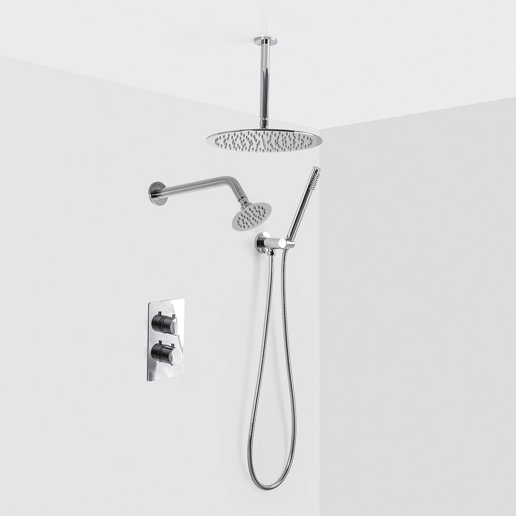 Metro 3 Way Thermostatic Complete Shower Set: 12" Ceiling &amp; 4" Wall Mount Shower Heads with Handheld - Brass/Polished Chrome