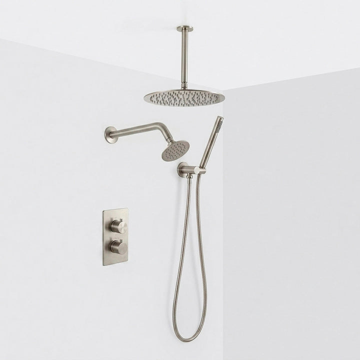 Metro 3 Way Thermostatic Complete Shower Set: 12" Ceiling &amp; 4" Wall Mount Shower Heads with Handheld - Brass/Brushed Nickel