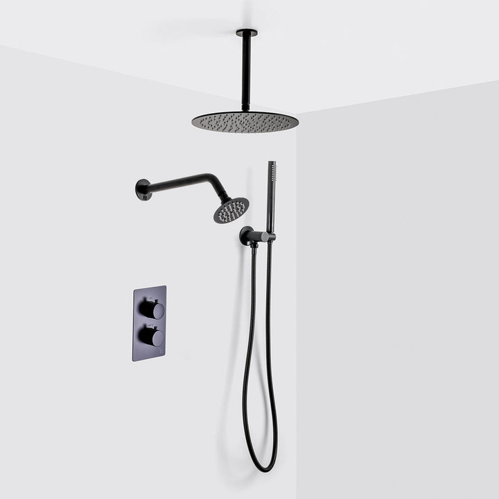Metro 3 Way Thermostatic Complete Shower Set: 12" Ceiling &amp; 4" Wall Mount Shower Heads with Handheld - Brass/Matt Black