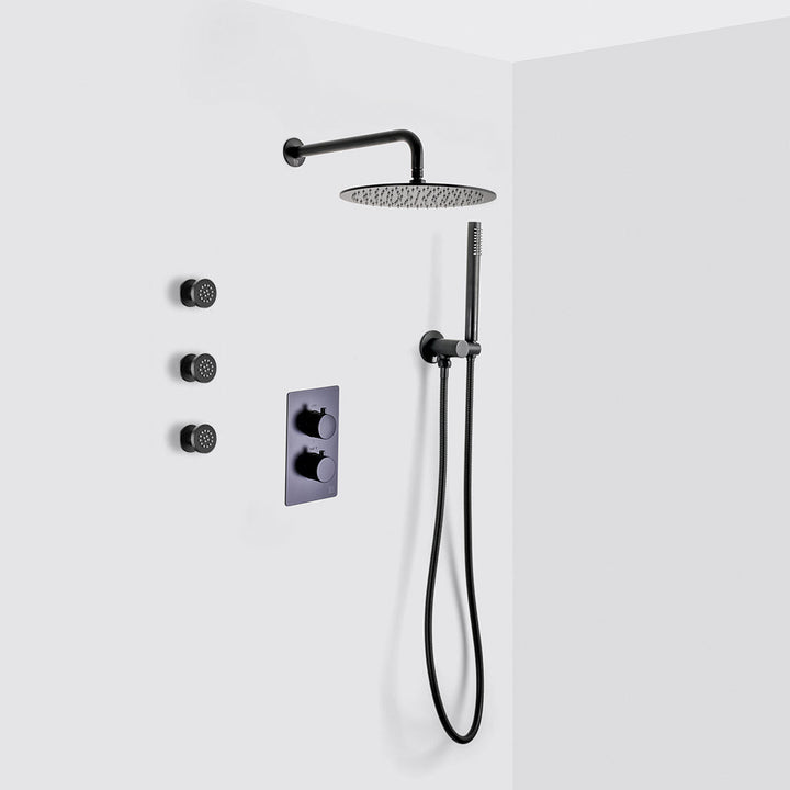Metro 3 Way Thermostatic Complete Shower Set - Wall Mount - 12" Brass/Matt Black