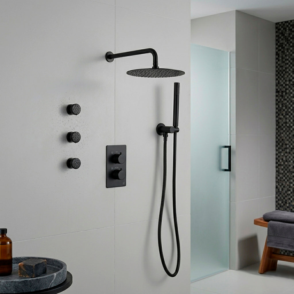 Metro 3 Way Thermostatic Complete Shower Set - Wall Mount - 12" Brass/Matt Black