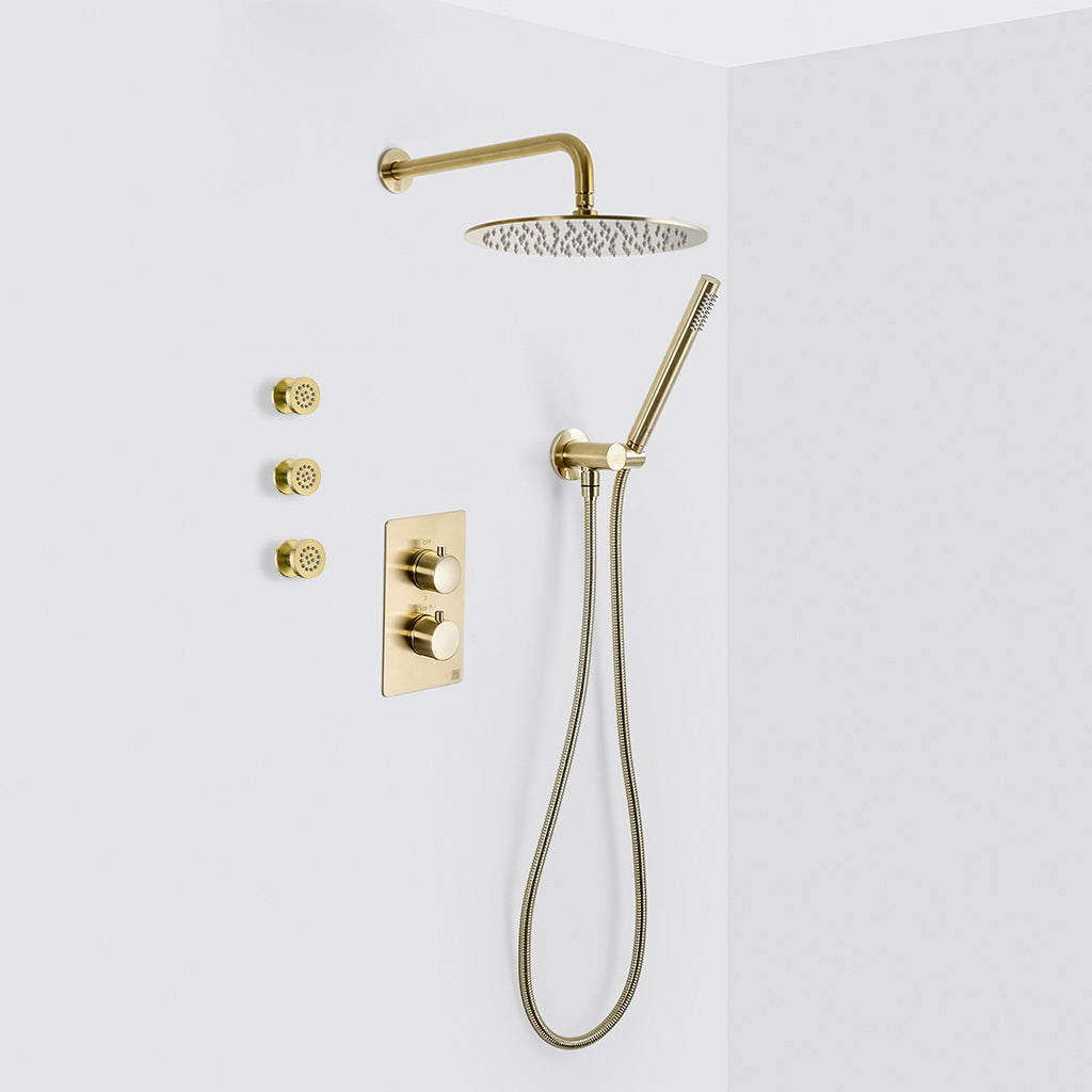 Metro 3 Way Thermostatic Complete Shower Set - Wall Mount - 12" Brass/Satin Brass