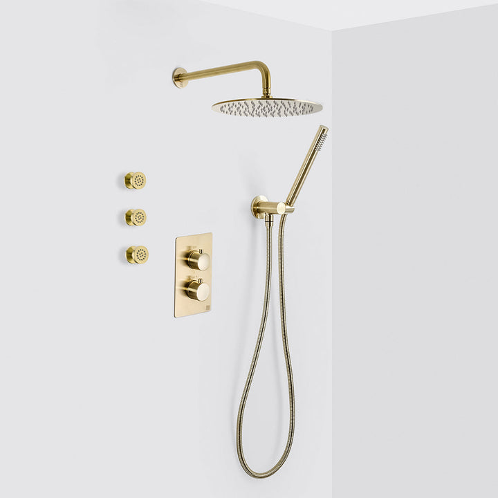 Metro 3 Way Thermostatic Complete Shower Set - Wall Mount - 12" Brass/Satin Brass