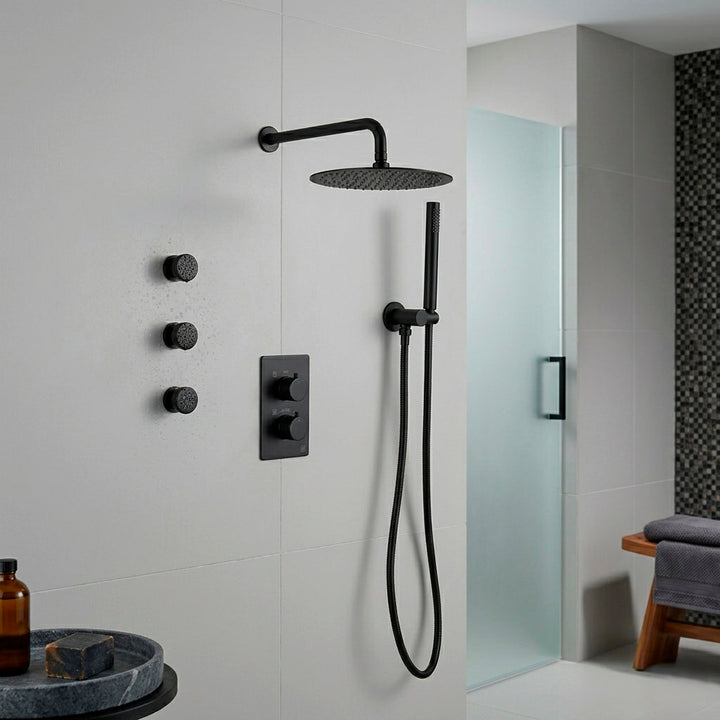 Metro 3 Way Thermostatic Complete Shower Set - Wall Mount - 12" Brass/Satin Brass