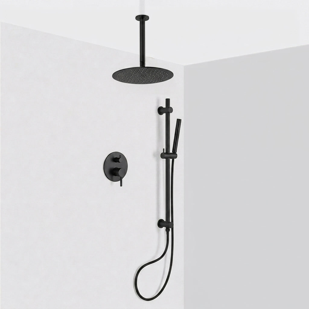 Metro 2 Way Pressure Balance Complete Shower Set - Ceiling Mount - 12" Brass/Matt Black