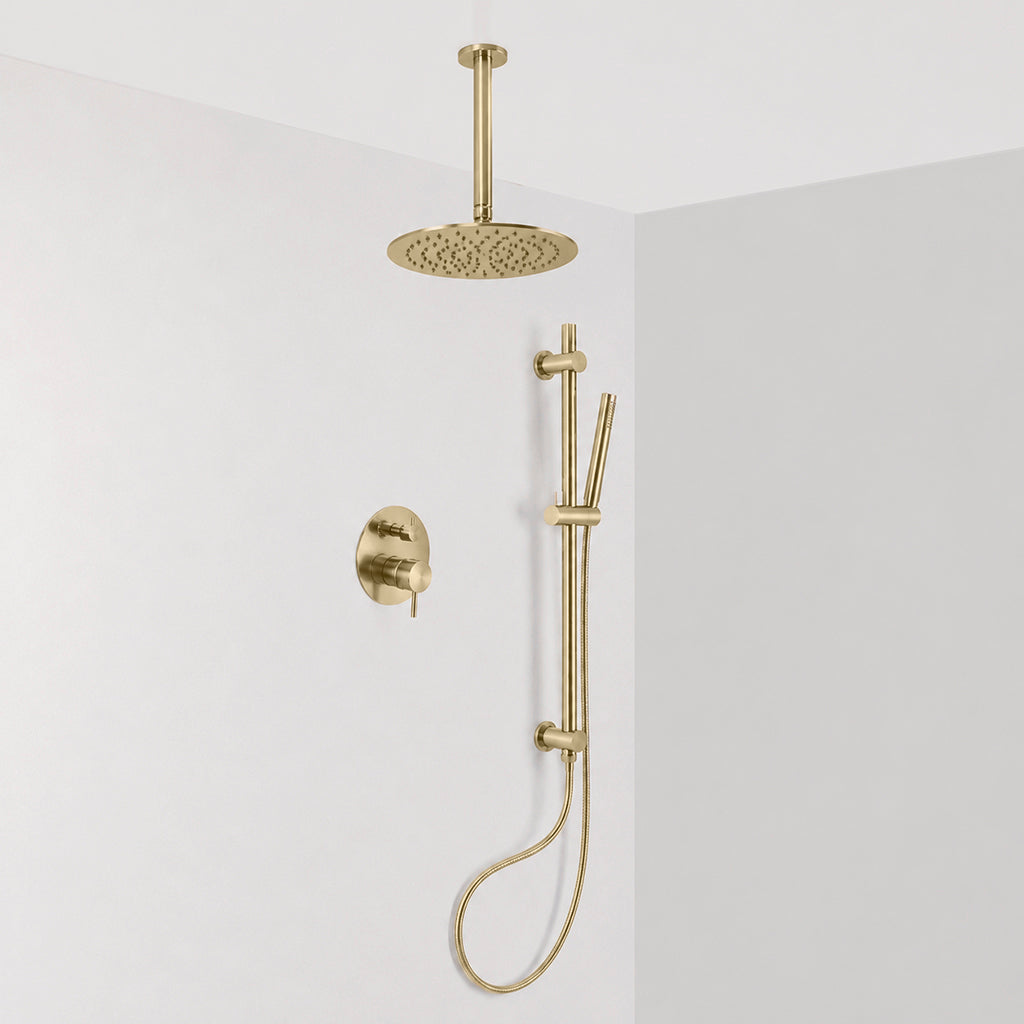 Metro 2 Way Pressure Balance Complete Shower Set - Ceiling Mount - 12" Brass/Satin Brass