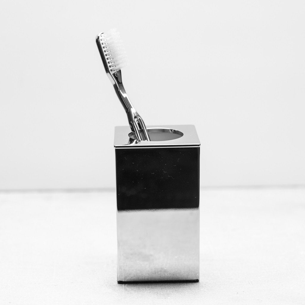 Cubic Toothbrush Holder - Free Standing - 4" Brass/Polished Chrome