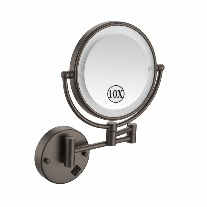 Metro Round Magnifying 10X Led Make-Up Mirror - Wall Mount - 9" Brass/Glass/Graphite