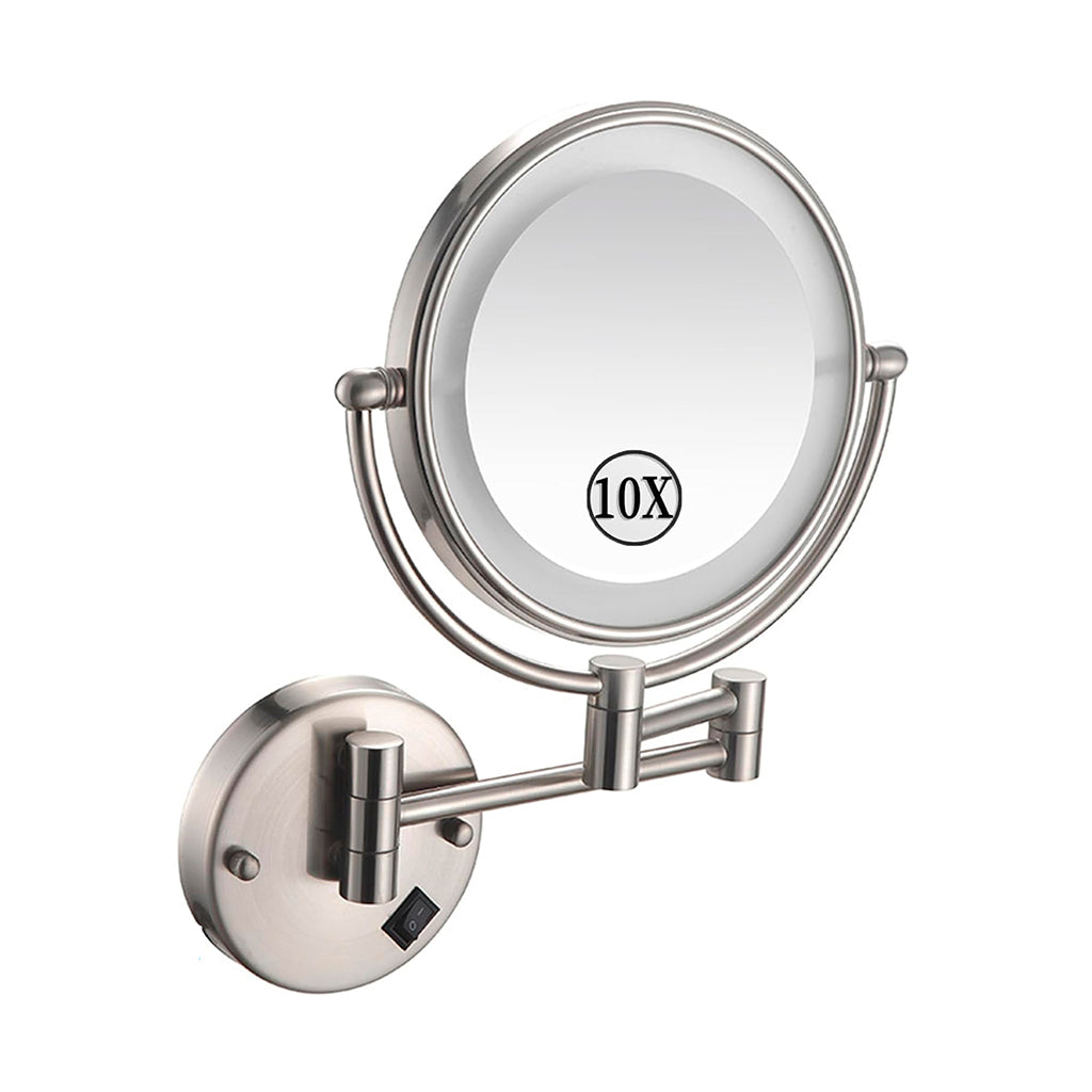 Metro Round Magnifying 10X Led Make-Up Mirror - Wall Mount - 9" Brass/Glass/Brushed Nickel