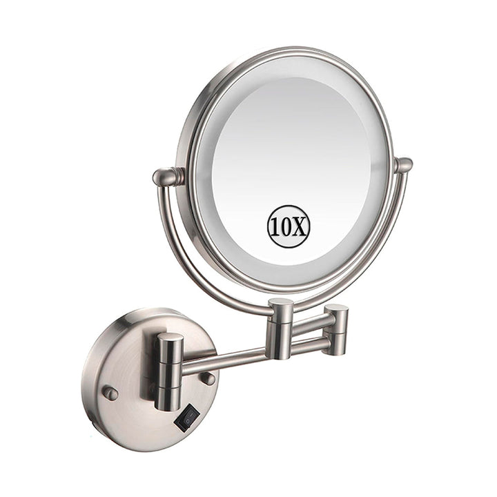 Metro Round Magnifying 10X Led Make-Up Mirror - Wall Mount - 9" Brass/Glass/Brushed Nickel