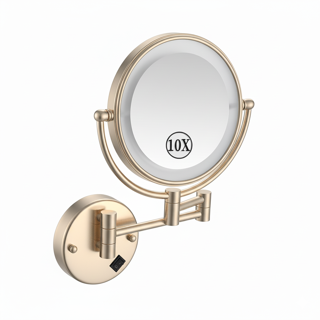 Metro Round Magnifying 10X Led Make-Up Mirror - Wall Mount - 9" Brass/Glass/Polished Nickel