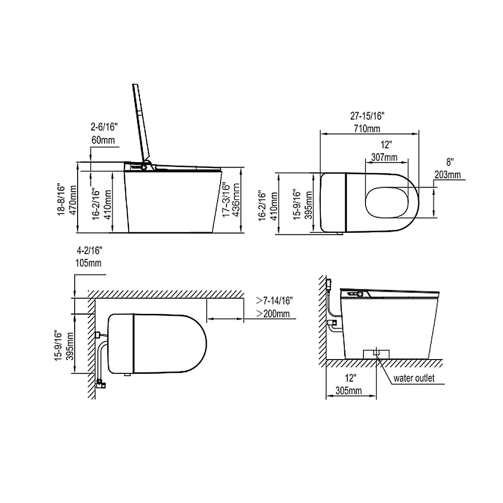 Subway Bidet Seat Tankless One Piece Toilet - Floor Mount - 16" Porcelain/White