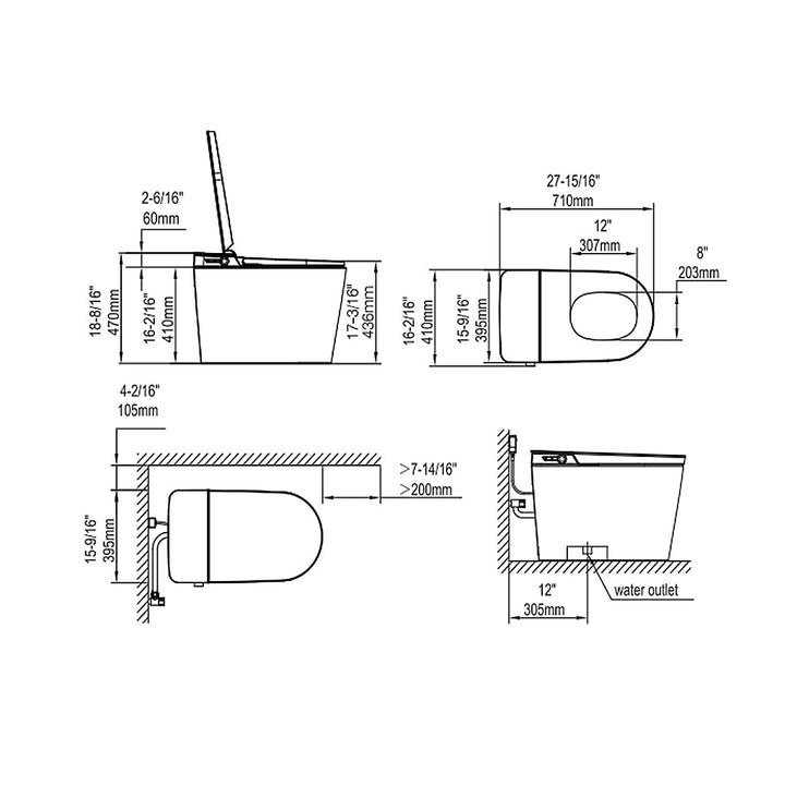 Subway Bidet Seat Tankless One Piece Toilet - Floor Mount - 16" Porcelain/White